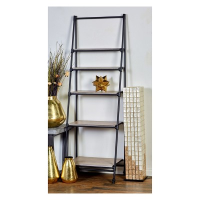 72" Black Metal and Pine Wood 5-Tier Ladder Shelf