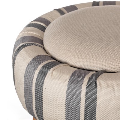 Chic Striped White and Blue Round Fabric Storage Ottoman