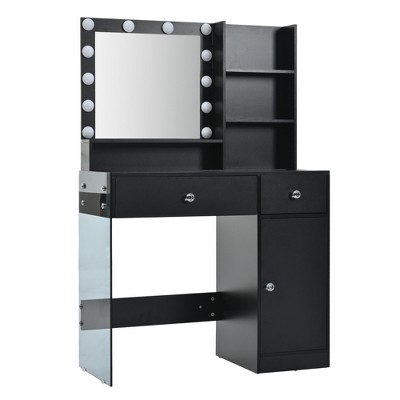 VYNXARIA Vanity Desk with Mirror,Makeup Vanity with Glass Top and Storage Shelves,Dressing Table with 2 Drawers and Cabinet,Black