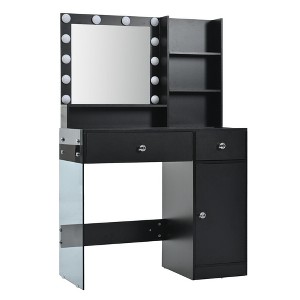 VYNXARIA Vanity Desk with Mirror,Makeup Vanity with Glass Top and Storage Shelves,Dressing Table with 2 Drawers and Cabinet,Black - 1 of 4