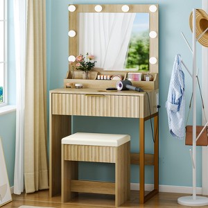 KTMBDW Fluted Makeup Vanity Desk with Mirror and Lights, Modern Vanity Table with Drawer & 3 Compartment, Dressing Table Set with Stool for Bedroom - 1 of 4