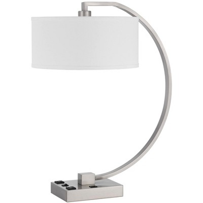Cal Lighting LA-8038DK Belfort Metal Desk Lamp with 2 Power Outlets and 1 USB Charging Port, Brushed Steel