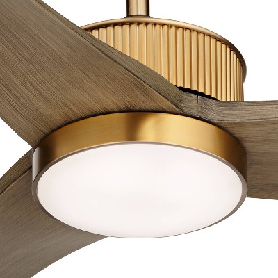 60" Warm Brass and Weathered Oak Modern Ceiling Fan with LED Light and Remote