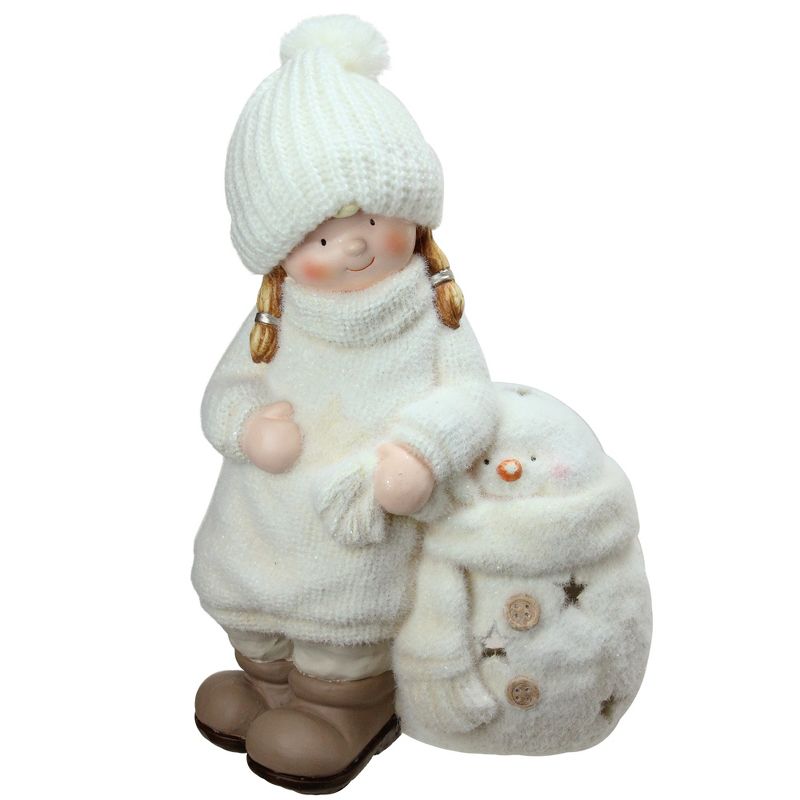 Northlight 17.25 White Tealight Snowman with Standing Girl Christmas Candle Holder, 1 of 2