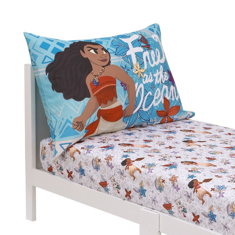 Disney Moana Free as the Ocean Aqua, Purple, Orange, and White Tropical 2 Piece Toddler Sheet Set - Fitted Bottom Sheet and Reversible Pillowcase, 3 of 7