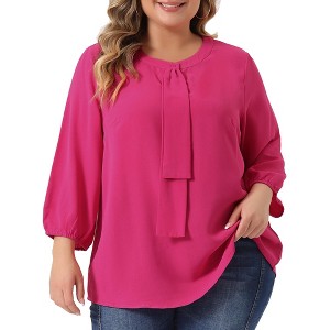 Agnes Orinda Women's Plus Size Chiffon Tie Round Neck  3/4 Sleeve Elegant Work Blouses - 1 of 4