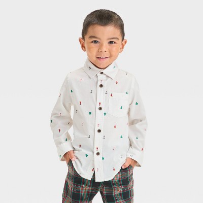 Cat & Jack - Brandclub - Toddler Boys' Christmas Printed Long Sleeve  Stretch Button-Down Shirt - Cat & Jack™ Cream 4T