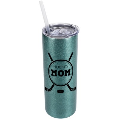 Elanze Designs Turquoise Blue 20 Ounce Double Wall Stainless Steel Glitter Travel Tumbler With Sliding Lid And Straw, Hockey Mom