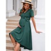 Coolmee Women Maternity Dress Cross V Necks Lantern Short Sleeve Tie High Waist A-Line Irregular Hem Summer Midi Dress - 3 of 4