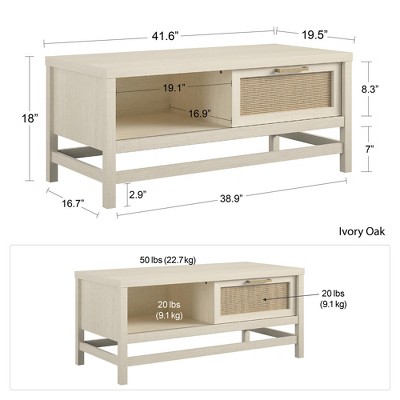 Boho-Chic Ivory Oak Rectangular Coffee Table with Faux Rattan Storage