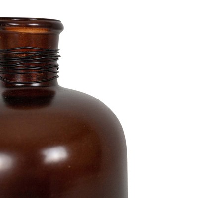 Amber Glass Bottle Vase with Black Wire Accent