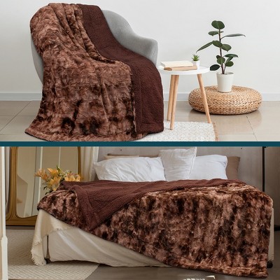 Brown Tie-Dye Faux Fur Sherpa Reversible Throw Blanket
