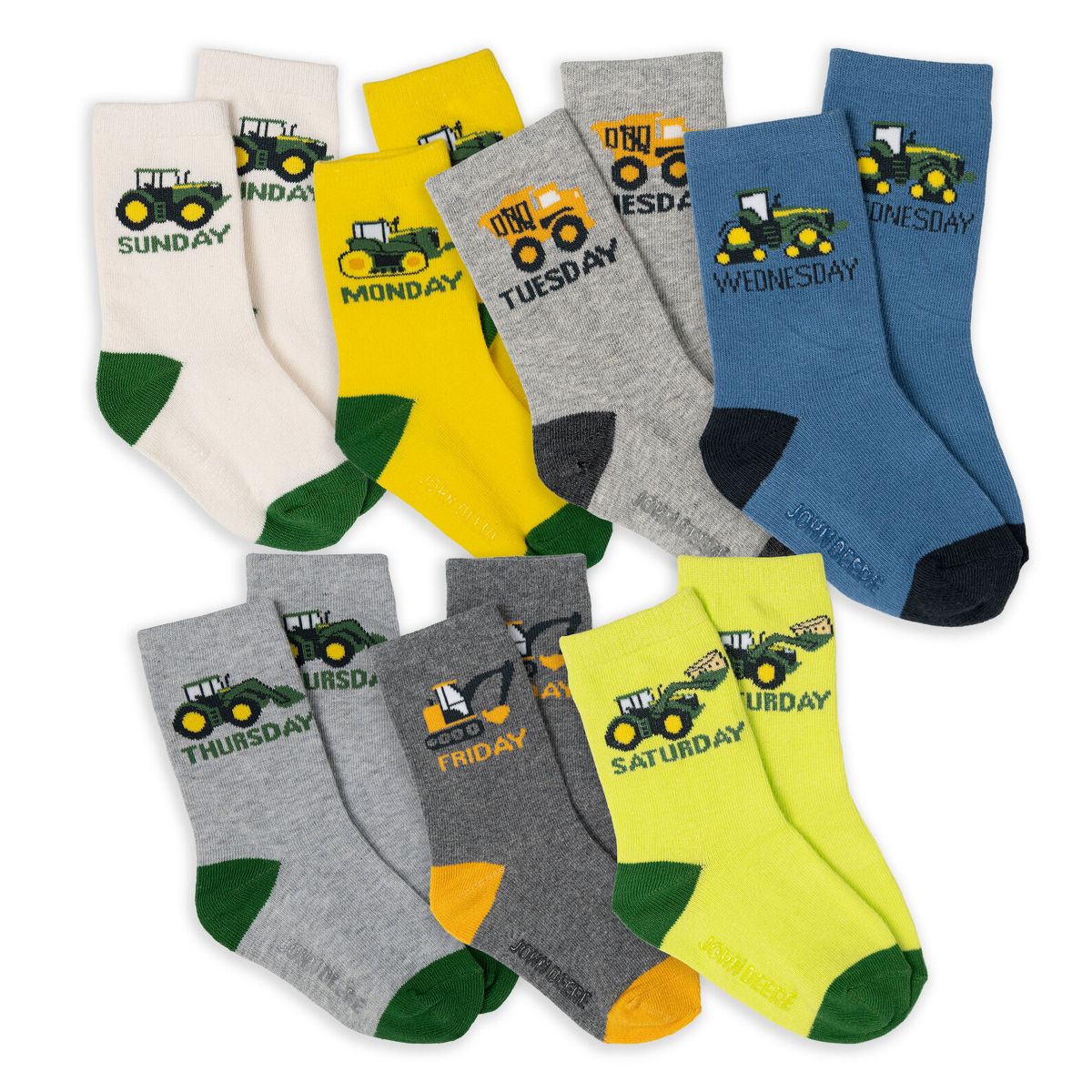 John Deere Toddler Boys' Non-Slip Grip 7-Pack Crew Socks