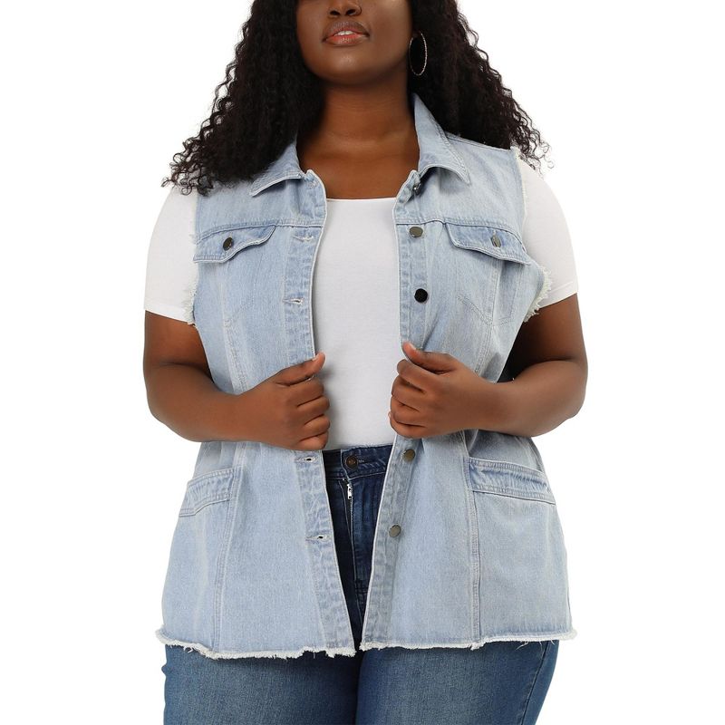 Agnes Orinda Women's Plus Size Denim Button Down Raw Hem Denim Vests, 1 of 7