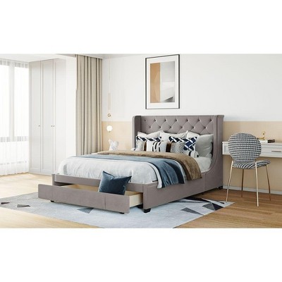 Okak Queen Size Velvet Platform Bed Frame with Big Storage Drawer Upholstered Modern Bed with Wingback Headboard Easy to Assemble, Gray