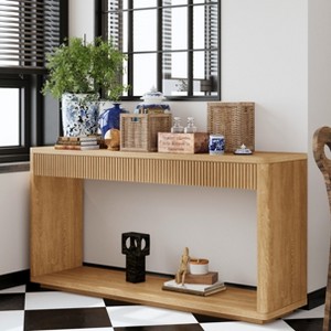 Gulches 60 Inch Modern 2 Drawer Fluted Console Table Natural Wood Veneer MDF 80LBS Capacity Sofa Table For Living Room Entryway Natural - 1 of 4