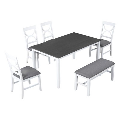 Oversart 6-Piece Wood Dining Table Set Kitchen Table Set with Upholstered Bench and 4 Dining Chairs, Farmhouse Style,Gray+White (old sku: SP000003AAK)