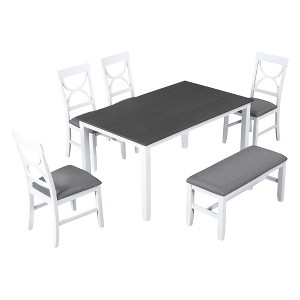 Oversart 6-Piece Wood Dining Table Set Kitchen Table Set with Upholstered Bench and 4 Dining Chairs, Farmhouse Style,Gray+White (old sku: SP000003AAK) - 1 of 4