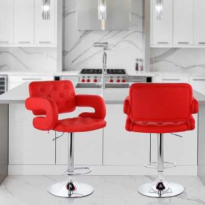 Red Faux Leather Adjustable Swivel Bar Stool with Chrome Base
