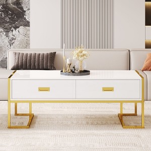 Kumasinova Modern Rectangular Coffee Table with 4 Drawers,47.3" End Table with Gold Base,Large Center Table for Living Room Furniture - 1 of 4
