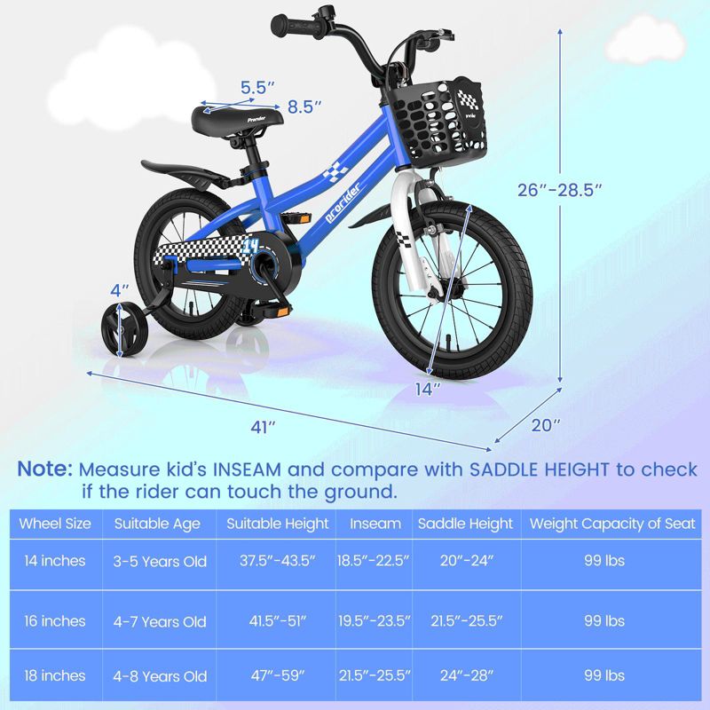 Prorider 14'' Kid's Bike with Removable Training Wheels & Basket for 3-5 Years Old Blue/White/Skyblue/Red, 3 of 11