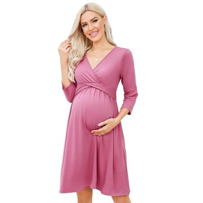 Maternity Dress V Neck Nursing 3/4 Sleeve A Line Party Midi Dress