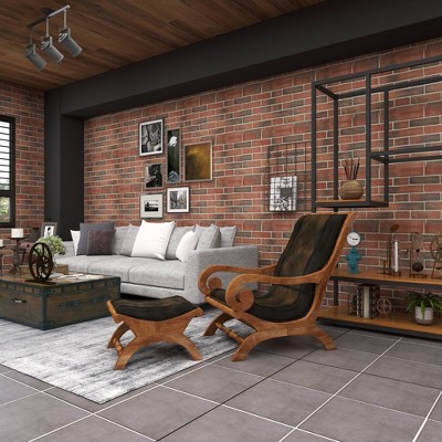 Traditional Dark Brown Leather Accent Chair and Ottoman Set