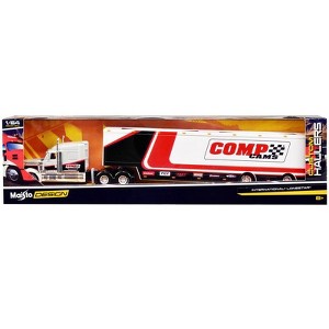 International LoneStar Enclosed Car Transporter "Comp Cams" White and Black with Stripes 1/64 Diecast Model by Maisto - 1 of 3