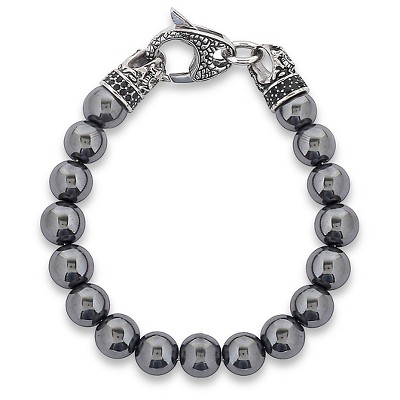 Men&#39;s Hematite Stone Antiqued Stainless Steel Clasp Beaded Bracelet (10mm) - 8.5&#34;