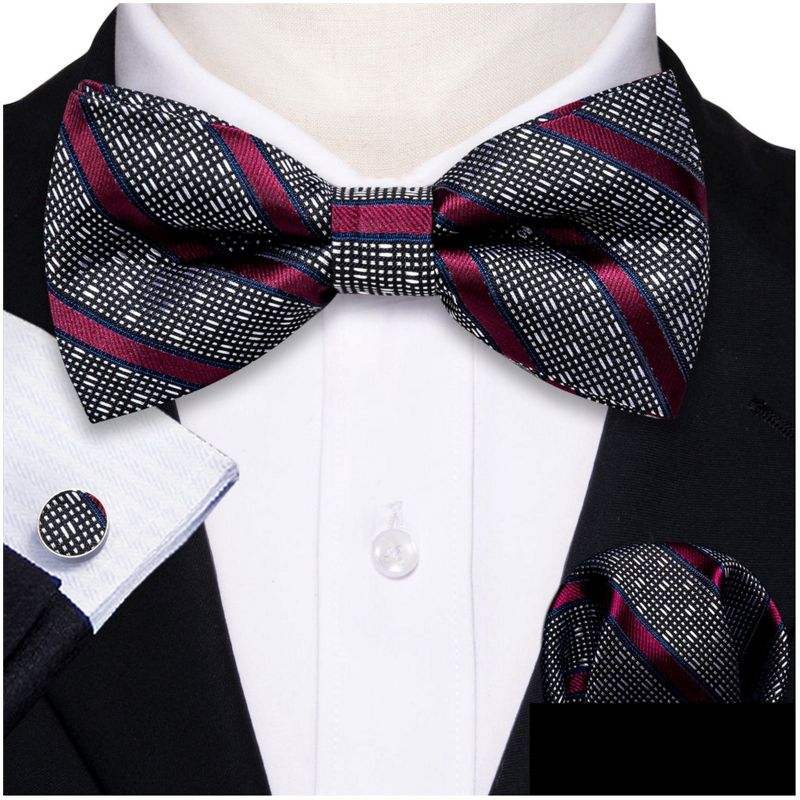 Men's Burgundy And Black Striped 100% Silk Pre-Tied adjustable Bow Tie Pocket Square Cufflinks Set, 2 of 5