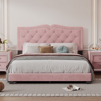 NicBex Full/Queen Size Upholstered Bed Frame with Velvet Tufted Headboard,Platform Bed Frame with Rivet Design,No Box Spring Needed,Easy Assembly