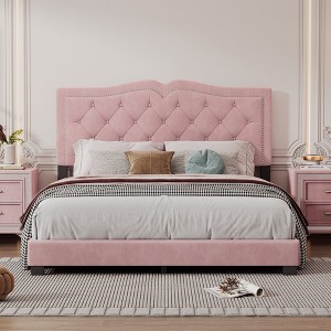 NicBex Full/Queen Size Upholstered Bed Frame with Velvet Tufted Headboard,Platform Bed Frame with Rivet Design,No Box Spring Needed,Easy Assembly - 1 of 4
