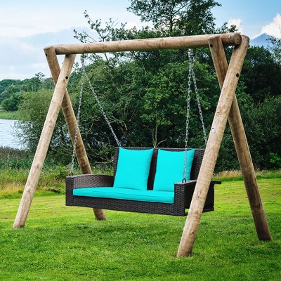 Costway 2-Person Patio Rattan Hanging Porch Swing Bench Chair Cushion Beige\Black\Red\Turquoise