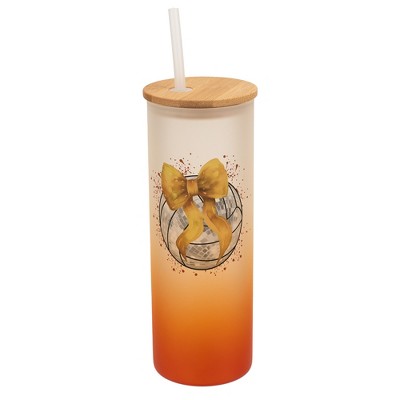 Elanze Designs 25 Ounce Frosted Glass Gradient Travel Tumbler With Straw and Wooden Lid, Volleyball Red Paint Splatter Orange