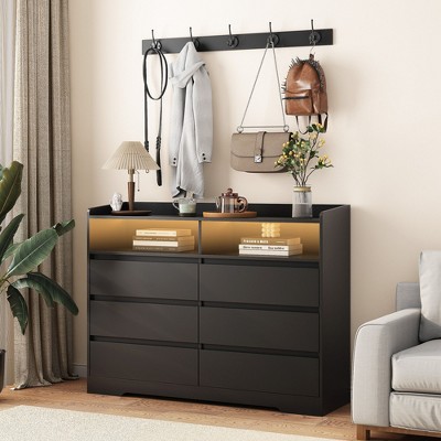 Okak Modern 6-Drawer Bedroom Dresser Nightstand with LED Sturdy Frame Storage Chest Cabinet for Living Room Hallway Kids Room, Black