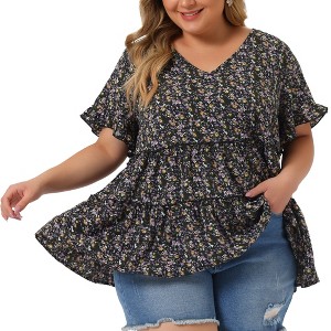 Agnes Orinda Women's Plus Size Boho Ditsy Floral V Neck Ruffle Tiered Pleated Babydoll Blouses - 1 of 4