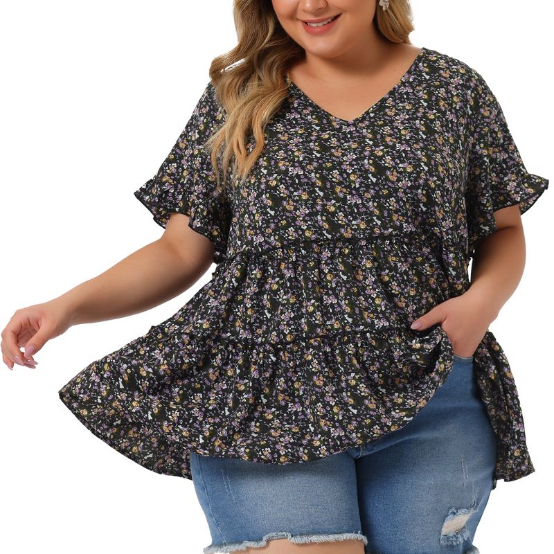 Agnes Orinda Women's Plus Size Peasant Ditsy Floral V Neck Ruffle Tiered Pleated Babydoll Blouses, 1 of 6