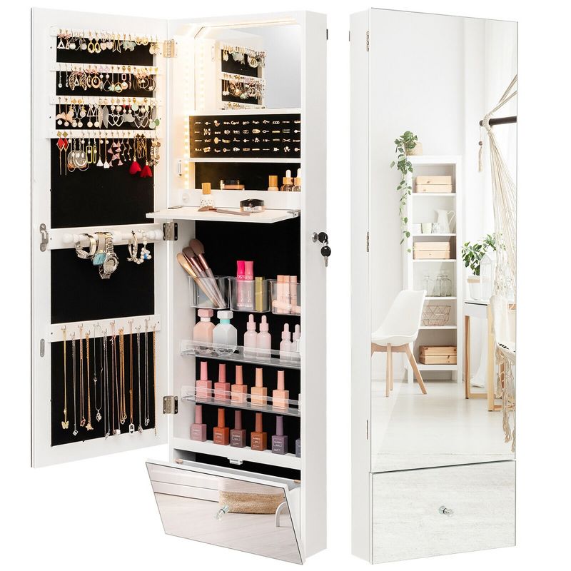 Tangkula Wall Mounted Jewelry Cabinet Armoire Full-Length Mirror w/ LED Lights & Drawer, 1 of 11