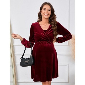 Coolmee Womens Maternity V-Neck Long Sleeve Elastic Waist Velvet A Line Mini Dress With Pocket Breastfeeding Baby Shower Dress - 1 of 4