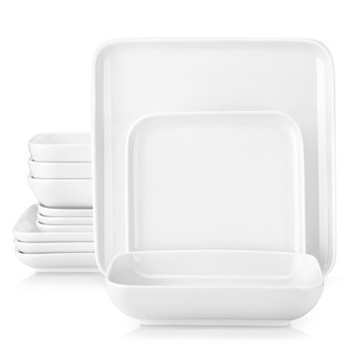 vancasso 12 Piece Square White Porcelain Dinner Set with Dinner Plates, Dessert Plates and Pasta Bowls for 4