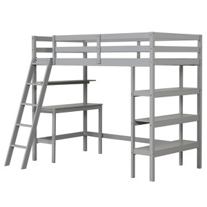 Infans Twin Size Solid Wood Loft Bed with Desk & Bookshelves, Ladder & Guardrails Gray - 1 of 4
