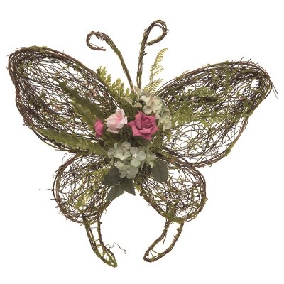 Transpac Wood 16 in. Multicolor Spring Moss Butterfly Wall Decor