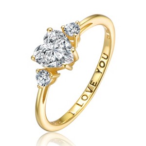 Guili Sterling Silver Three-Stone "I Love You" Ring with Heart Cubic Zirconias for a Timeless, Sparkling Look. White, Gold, or Rose Gold. Sizes 6-8. - 1 of 3