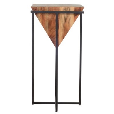 30-Inch Brown Acacia Wood Side Table with Black Metal Cross Base