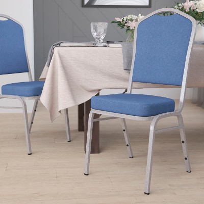 Blue Fabric Silver Frame Armless Stacking Dining Chair