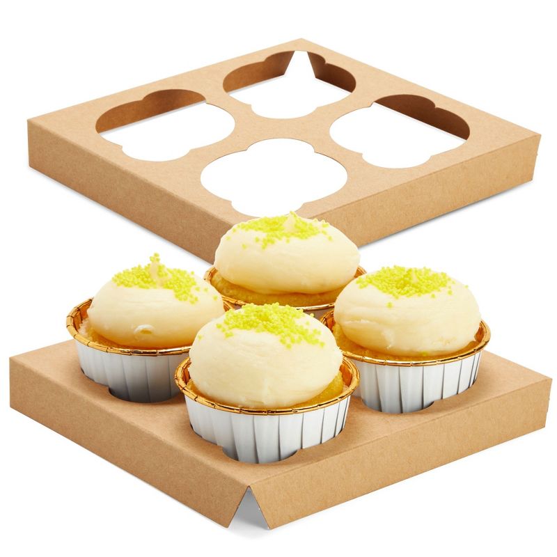 Juvale 24 Pack Cupcake Containers with Windows, 6x6 Boxes with 4 Count Inserts for Muffins (Kraft Paper), 4 of 10