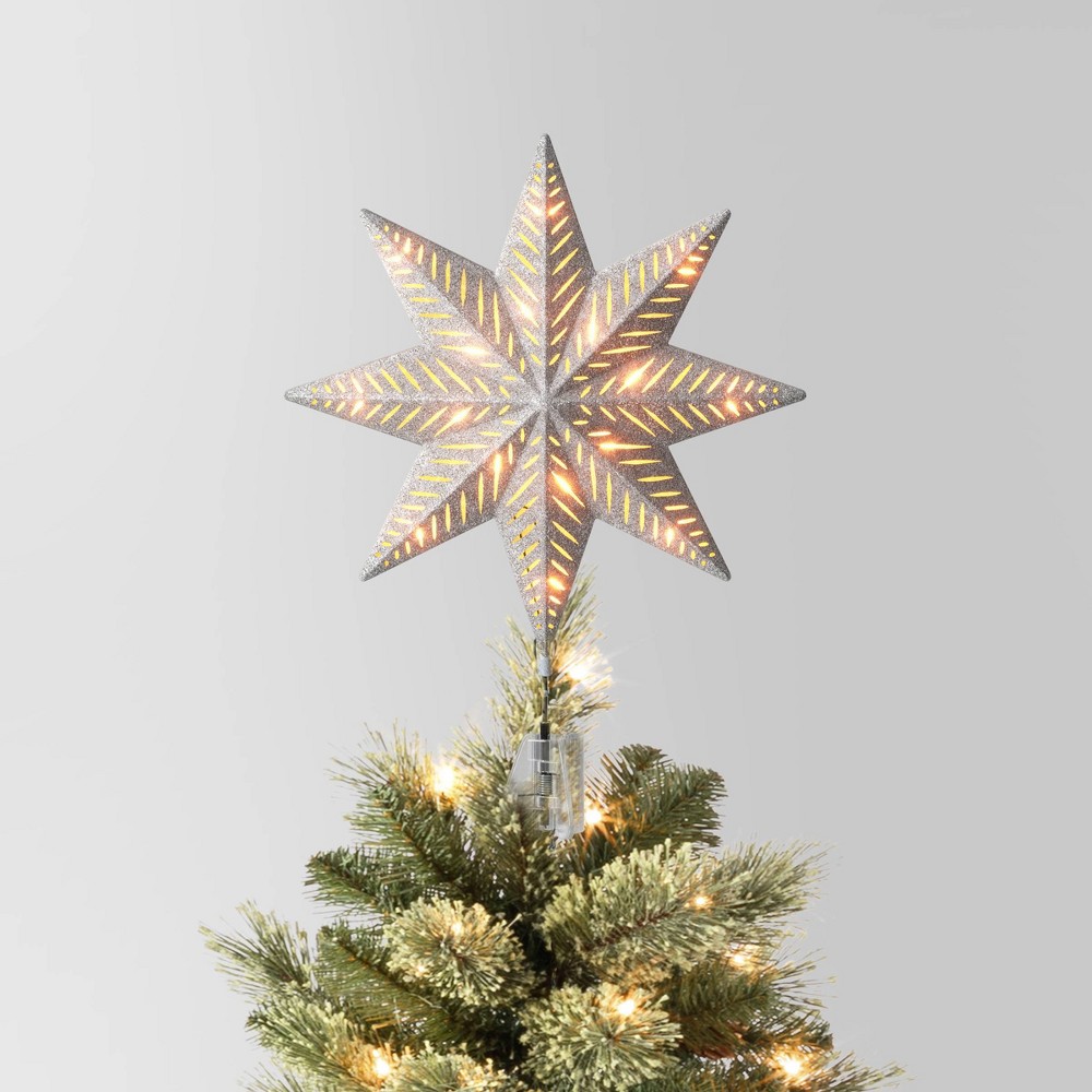 13.5" Pre-lit Glittered 8-Point Star Christmas Tree Topper Silver with Clear Incandescent Lights - Wondershop™