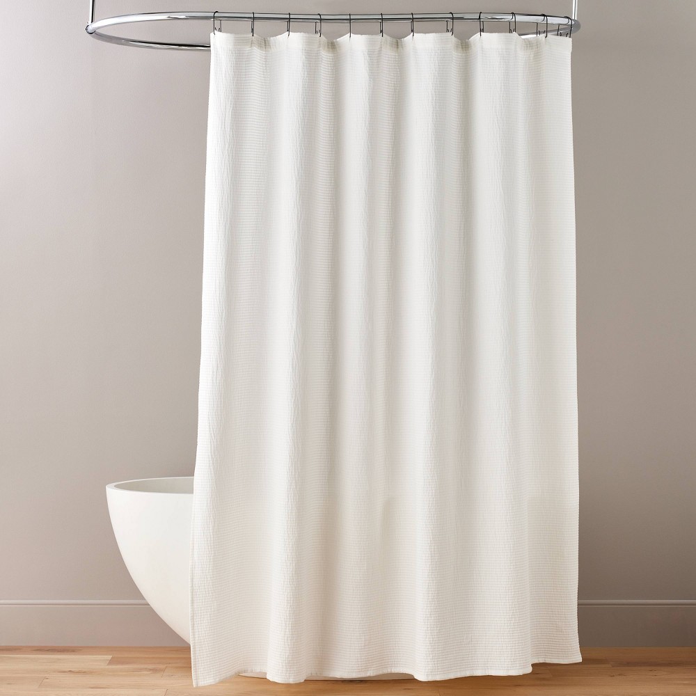 Photos - Shower Curtain Textured Horizontal Stripe Matelassé  Cream - Hearth & Hand™