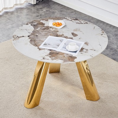 VYNXARIA 42-inch stainless steel leg round table with a marble top is suitable for use by four or six people