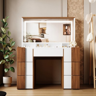 YOOCOZZ Vanity Table with Adjustable Touchscreen HD Mirror, Charging Station, 7 Storage Drawers and 1 Open shelf - White+Brown